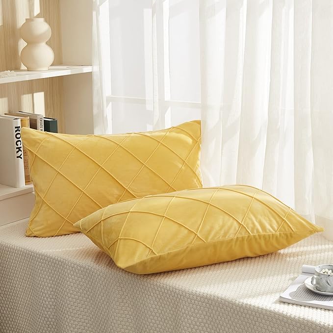 JAUXIO Diamond Pinch Pleated Crystal Velvet Pillowcases 2 Pack Solid Pintuck Throw Cushion Cover for Home Decor Hidden Zipper Closure (Yellow, Standard)