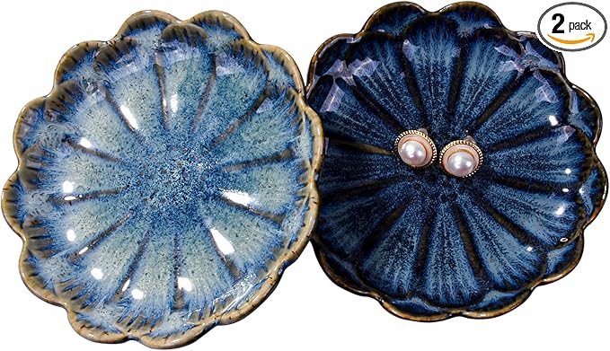 Ceramic Jewelry Dish Ring Plate Tray Vintage Lotus Shaped Jewelry Key Bowl Ring Holder for Jewelry Wedding Engagement Gift Set of 2(Blue and Green)
