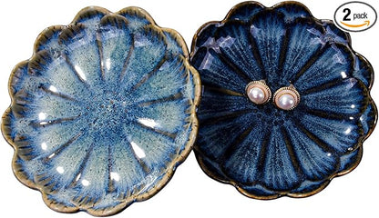 Ceramic Jewelry Dish Ring Plate Tray Vintage Lotus Shaped Jewelry Key Bowl Ring Holder for Jewelry Wedding Engagement Gift Set of 2(Blue and Green)