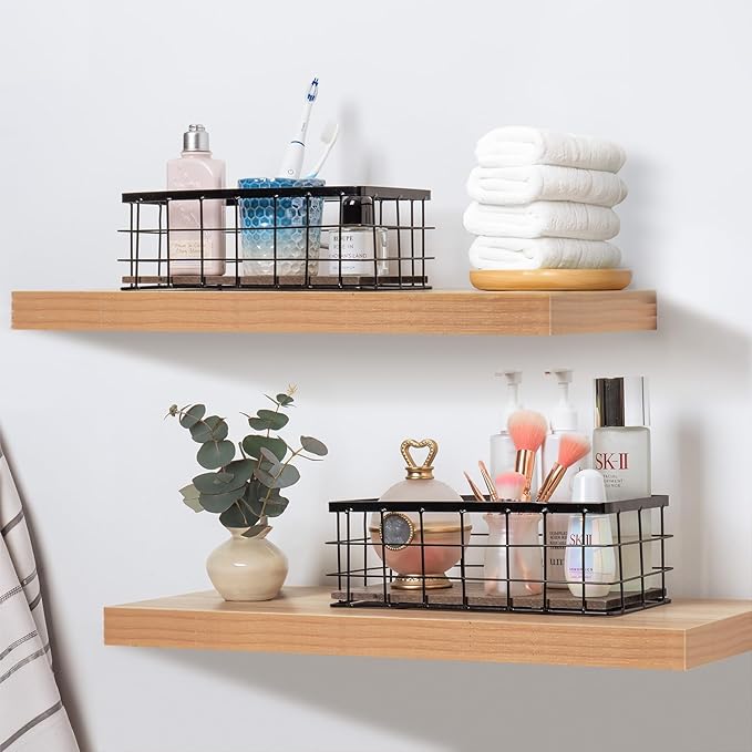 ROSE BLOOM Small Metal Wire Storage Basket, Decorative Wood Base Organizer Bins for Bathroom, Kitchen, Laundry Room, Pantry, Basket for Toilet Paper, Fruits, Spices (2 Pack)