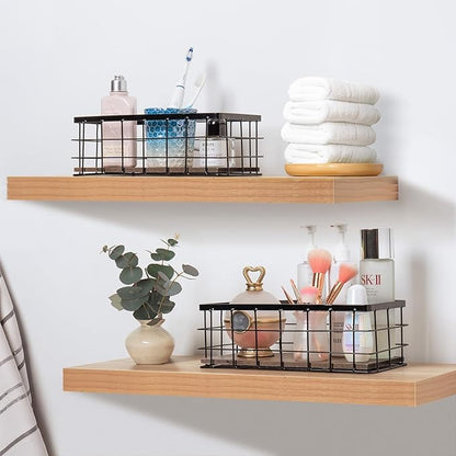 ROSE BLOOM Small Metal Wire Storage Basket, Decorative Wood Base Organizer Bins for Bathroom, Kitchen, Laundry Room, Pantry, Basket for Toilet Paper, Fruits, Spices (2 Pack)