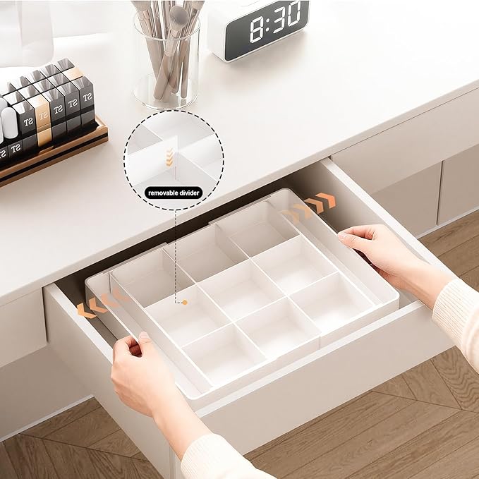 Expandable Desk Drawer Organizer, Acrylic Drawer Organizer Trays with 11 Adjustable Compartments 6 Removable Dividers Desk Accessories for Makeup Utensil Junk Office Kitchen Bathroom ( White, 1Pcs )