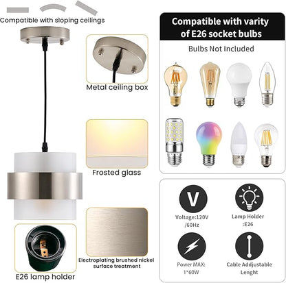 Pendant Lights Kitchen Island Lighting, 2 Pack 7 Inch Mini Glass Haning Lights for Entrance Aisle Decorative Lighting Fixture for Dining and Bar Table (Brushed Nickel with Frosted White)