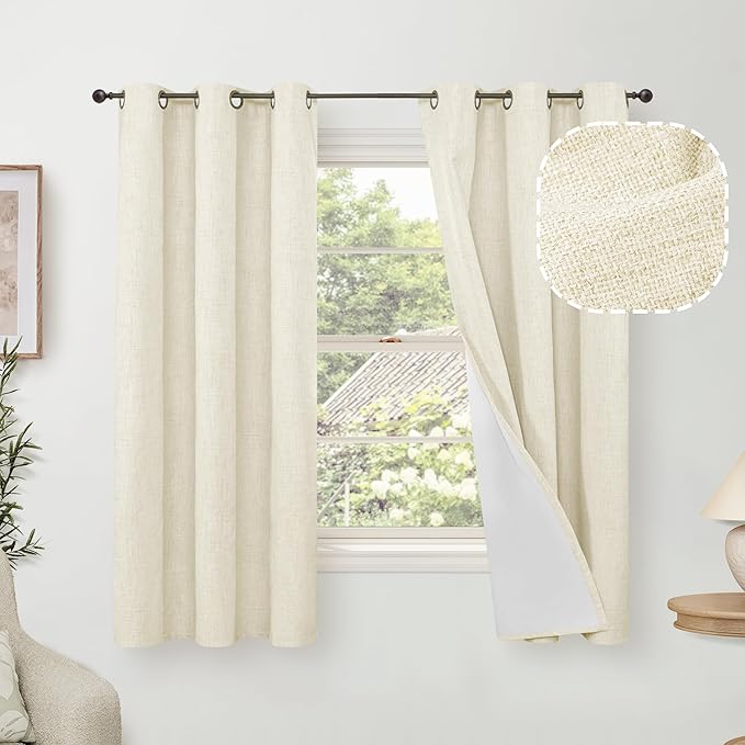 Lajode Linen Blackout Curtains for Bedroom Narrow Window, Thermal Insulated Complete Light Blocking Privacy Soundproof Small Curtains for Basement, Each 38 Inch Wide 63 Inch Length 2 Panels, Cream