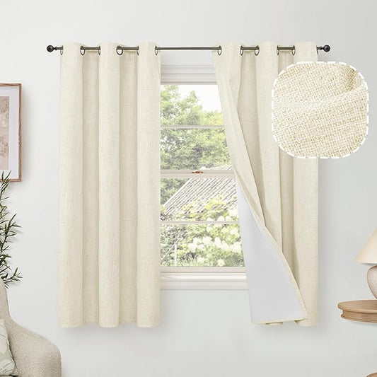 Lajode Linen Blackout Curtains for Bedroom Narrow Window, Thermal Insulated Complete Light Blocking Privacy Soundproof Small Curtains for Basement, Each 38 Inch Wide 63 Inch Length 2 Panels, Cream