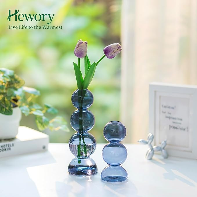 Glass Bubble Vases for Flowers, Hewory 2pcs Light Blue Unique Cute Single Flower Vase for Centerpieces, Funky Aesthetic Vase Skinny Bud Vase, Cool Groovy Decor for Living Room Bedroom Office Tabletop
