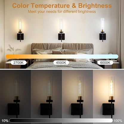 Wall Sconces,Battery Operated Wall Sconce 8000mAh Black Fast Chargin Endurance 100 Hours Infinitely Dimmable 2 Color Bulbs 3000K/6000K with Remote Control Wireless Wall Lights for Bedroom Living