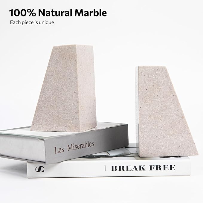 Marble Bookends for Shelves, 11LB Heavy Duty Marble Book Ends for Heavy Books, Stone Bookends Decorative, Polished, Beige Triangular, Set of 2