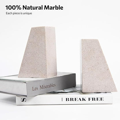 Marble Bookends for Shelves, 11LB Heavy Duty Marble Book Ends for Heavy Books, Stone Bookends Decorative, Polished, Beige Triangular, Set of 2
