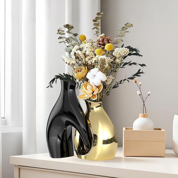 Black Gold Modern Abstract Ceramic Vases for Home Decor,Nordic Snuggle Hollow Design for Flowers Pampas Grass Decorative,for Living Room Coffee Table Centerpiece,Entrance,Console (Black)