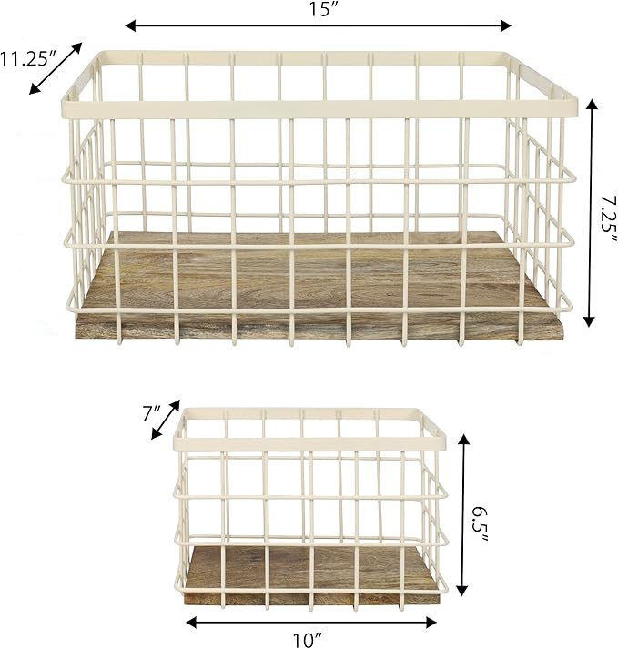happimess BSK3004C-3SET Evvie Vintage Farmhouse Wire Metal Nesting Storage Baskets with Wood Base for Shelves, Cabinets, Pantry, Countertop, Mesh Open Bin Basket, Almond/Natural (Set of 3)