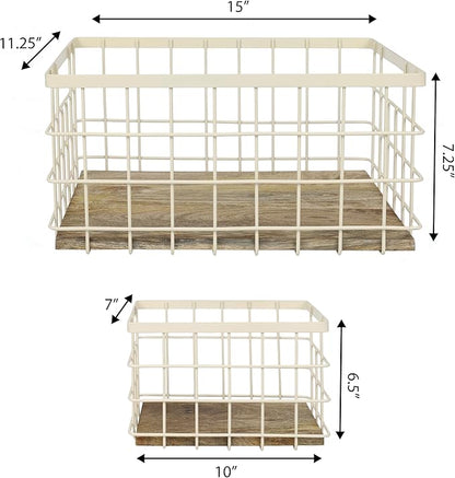 happimess BSK3004C-3SET Evvie Vintage Farmhouse Wire Metal Nesting Storage Baskets with Wood Base for Shelves, Cabinets, Pantry, Countertop, Mesh Open Bin Basket, Almond/Natural (Set of 3)