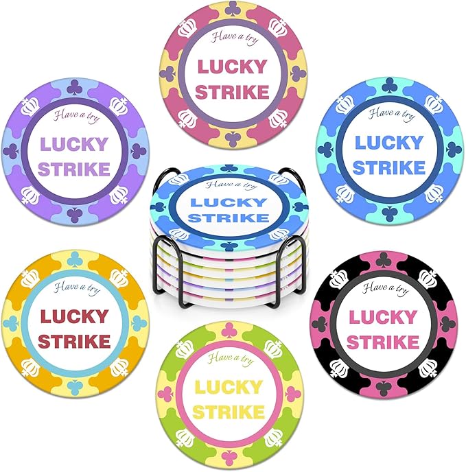 6-Piece Ceramic Coaster Set with Tray Diameter: 3.94 in Thickened Absorbent Material Heat-Resistant and Water-Absorbent Coaster Set Suitable for All Types of Cups， Lucky Alphabet