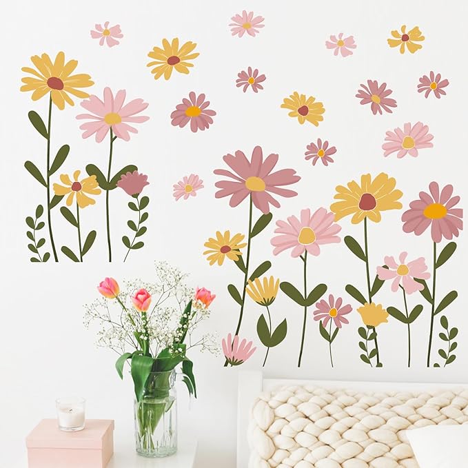 Mfault Floral Theme Wall Decals Stickers, Watercolor Flower Botanical Decorations Bedroom Art, Spring Summer Natural Wildflower Home Living Room Kitchen Decor