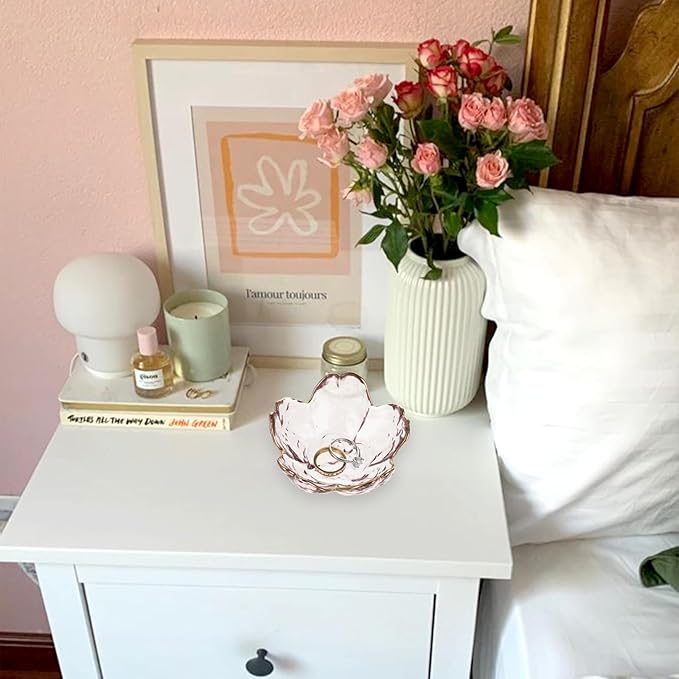 Ouligay Small Cute Jewelry Dish Tray Flower Jewelry Ring Dish Trinket Tray Ring Holder for Women Glass Jewelry Plate Dish with Gilt-Edged Blossom Design Gift for Wife Mom Daughter(Pink)