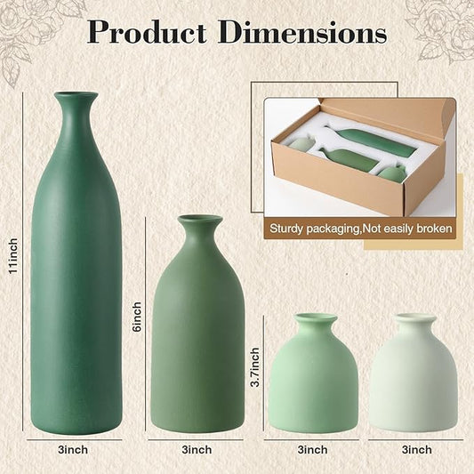 Dandat Ceramic Vase Set of 4, Modern Decorative Ceramic Vases Rustic Pottery Centerpiece Table Decor for Farmhouse Bouquet Pampas Grass Dried Fresh Flowers, Living Room, Kitchen, Bedroom(Green)