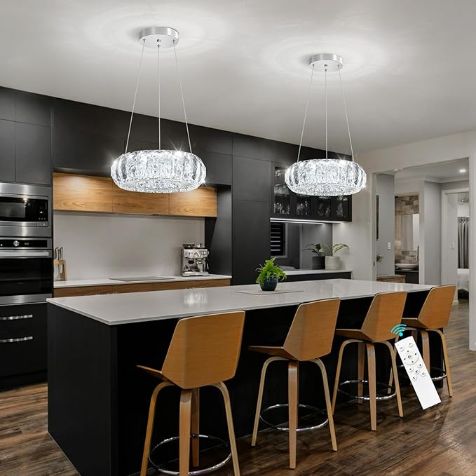 LED Ring Chandelier Modern Pendant Lights for Kitchen Island Dining Room Remote Dimmable Hanging Light Entryway Bedroom Crystal Lighting Silver Chandeliers