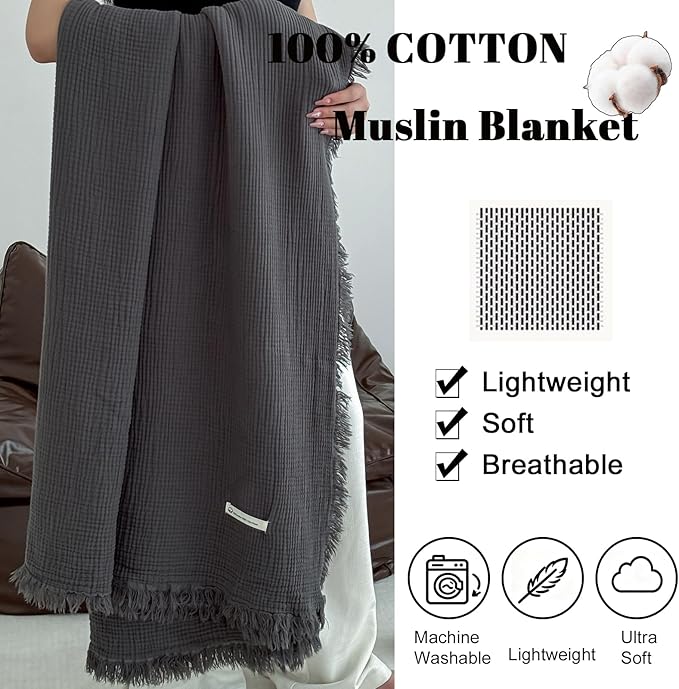 MorroMorn 100% Cotton Queen Size Bed Blanket 80"x90" Muslin Blanket with Fringes, 4-Layer Gauze Blankets for Adult, Boho Bedding Breathable Lightweight Ultra-Soft for All Seasons, Dark Grey