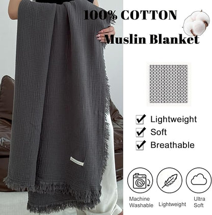 MorroMorn 100% Cotton Queen Size Bed Blanket 80"x90" Muslin Blanket with Fringes, 4-Layer Gauze Blankets for Adult, Boho Bedding Breathable Lightweight Ultra-Soft for All Seasons, Dark Grey