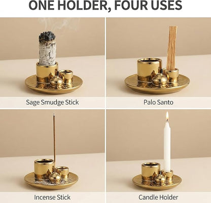 Handmade Ceramic Incense Burner for Palo Santo Incense Sticks, 4 in 1 Multi-Purpose Sage Holder for Burning, Ash Catcher Tray for Meditation Yoga Room (Golden)