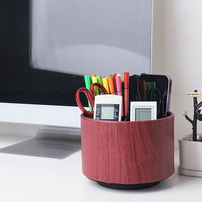 Round Leather Art Supply Organizer,Remote Control Holder,360 Degree Spinning,Multi-Functional Pencil Holder,4 Compartments Desktop Stationary Organizer(1-Thin Wood Red Brown)