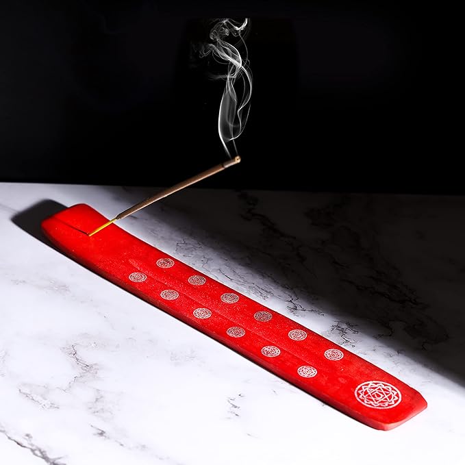 Bless-International Traditional-Handmade-Burner Wooden-Incense-Stick-Holder Ash-Catcher-Stand for-Aromatherapy-Meditation-Yoga (Fire Red) 10 Inches, Pack of 1
