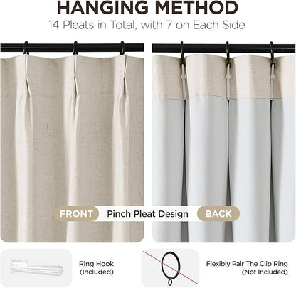 Joydeco Pinch Pleated Linen Curtains for Living Room, 100% Blackout Curtains 84 inches Long 2 Panel Thermal Insulated Pinch Pleat Drapes(Ecru,40'' Wx84'' L)