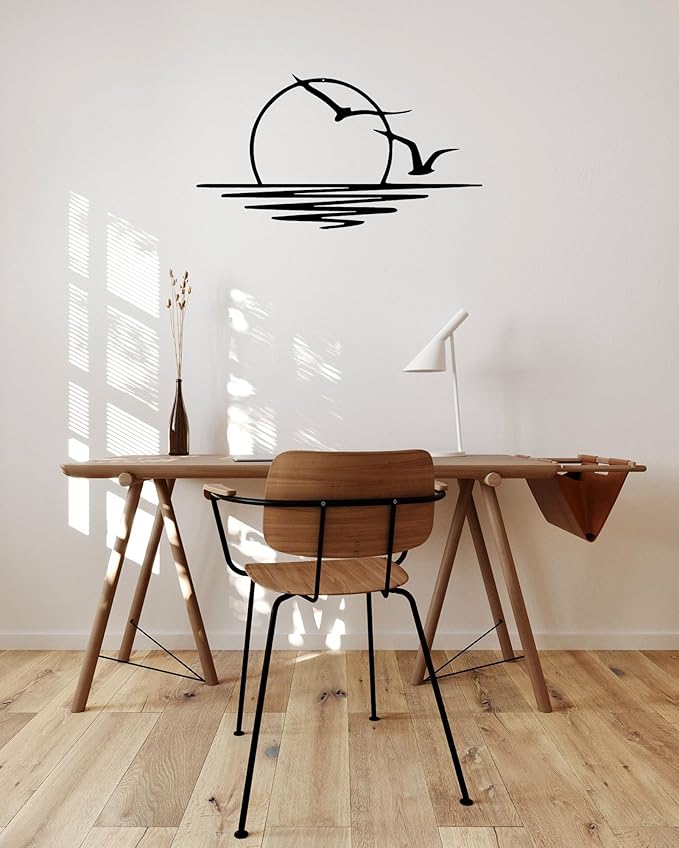 Benziso Sun Metal Wall Art Abstract Sunset with Seagulls Metal Wall Decor Minimalist Sunrise Line Art for Living Room Kitchen Bathroom Indoor Outdoor
