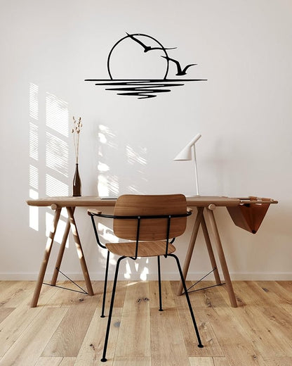 Benziso Sun Metal Wall Art Abstract Sunset with Seagulls Metal Wall Decor Minimalist Sunrise Line Art for Living Room Kitchen Bathroom Indoor Outdoor