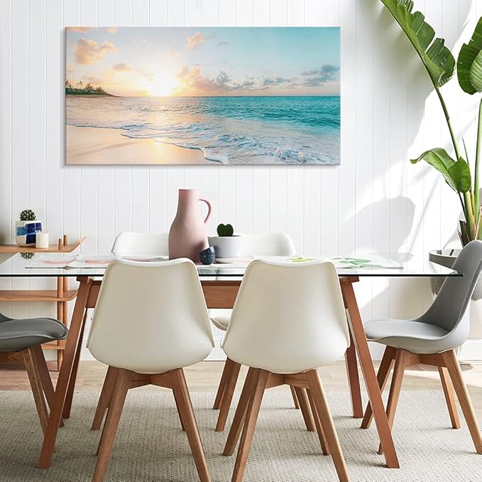 Goldfoilart Ocean Beach Sunset Canvas Wall Art for Bedroom Seascape Paintings Coastal Picture Framed Artwork for Bathroom Living Room Office Wall Decor 20" x 40"
