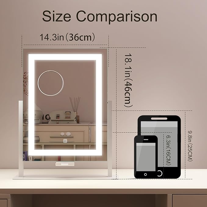 STARLEAD 16" x 12" Makeup Mirror with Lights and 10X Magnification, 3-Color Dimmable LED Lighting & Touch Control for Travel/Dressing Room
