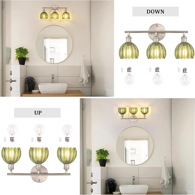 Bathroom Light Fixtures, 3-Light Vanity Wall Light Over Mirror with Green Tulip Glass Shade for Bedroom Living Room (Bulb Not Included), Satin Nickel