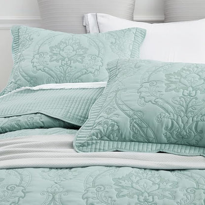 CHIXIN Bedspread Coverlet Set Queen Size - Lightweight Bedding Cover - Beautiful Stitching - 5 Piece Reversible Bedspread - Gorgeous Damask Paisley Pattern (Queen, Seaglass)