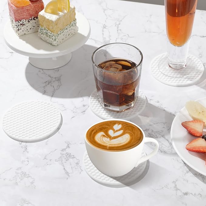 Coasters Set of 6 with Holder,Coasters for Drinks,Coffee Table Decor Coaster,Suitable for Kinds Cups,Anti-Slip,Non-Stick,Silicone Cup Coaster and Living Room Decor (6 Pcs, White)