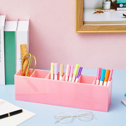 Jetec Acrylic Pen Holder 6 Compartments Makeup Brush Stationery Organizer Pencil Holder for Desk Accessories, Cosmetic Brushes, Dorm, Home, Bathroom, Kitchen, Office Supplies(Pink)