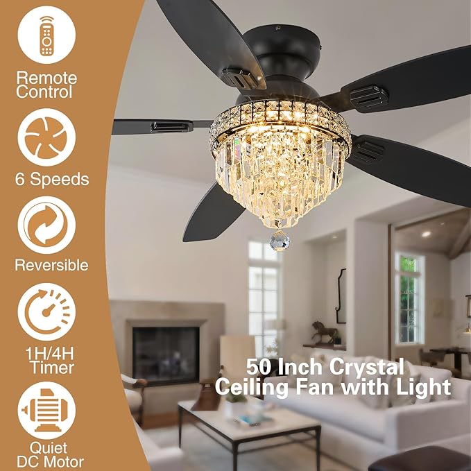 Crystal Ceiling Fan Fandelier with Lights-Ceiling Fans,50" Low Profile and Remote Control, Flush Mount, Reversible, Dimmable, Noiseless,Ceiling Fan for Bedroom（Black）