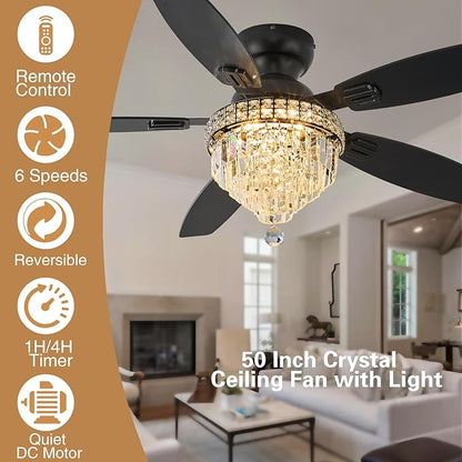 Crystal Ceiling Fan Fandelier with Lights-Ceiling Fans,50" Low Profile and Remote Control, Flush Mount, Reversible, Dimmable, Noiseless,Ceiling Fan for Bedroom（Black）