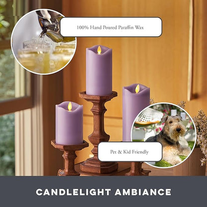 Matchless Candle Co. by Luminara - Flameless LED Battery Operated Flickering Pillar Candles - Pastel Purple - Set of 3 - Indoor Outdoor Decor Safe