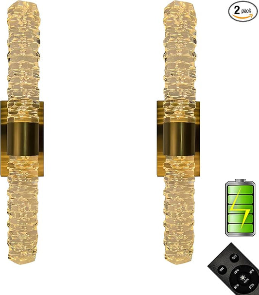 Battery Powered Crystal Wall Lights Set of 2 Rechargeable with Remote and Timmer | Small Gold Crystal Rod Wall Sconces Decor Vanity Lights for Bathroom Living Room Bedroom (2 Pack, Gold, 13.2'')