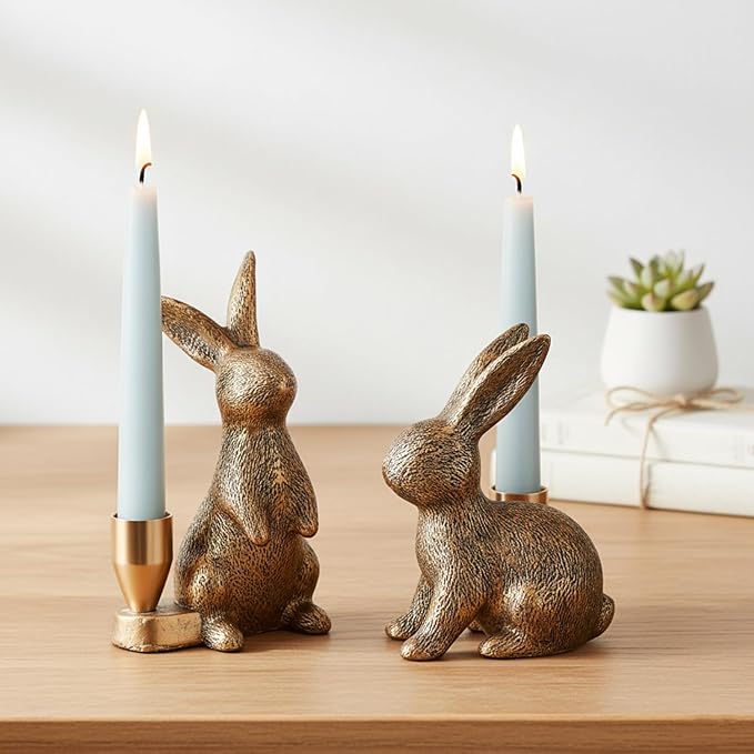 Gold Rabbit Candle Holders - Bunny Set of 2 Vintage Rustic Pedestal Candlesticks, Easter Decorations, Holiday & Themed Decor, Centerpieces for Fireplace Mantle & Dining Table