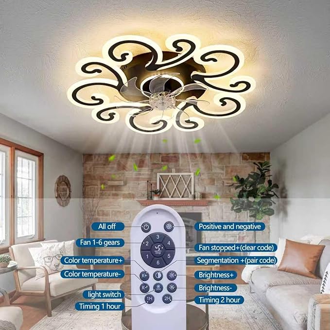 HuixuTe 29" Black Flower Modern Ceiling Fan with Lights Remote Control, Low Profile Ceiling Fan with Light for Kitchen Bedroom Living Room