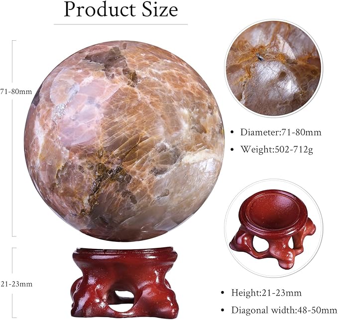 mookaitedecor Natural Orange Moonstone Crystal Ball with Resin Stand, Decorative Stone Sphere Ball for Feng Shui Meditation Divination Home Decor, 2.8-3.15 Inch (71-80 mm)
