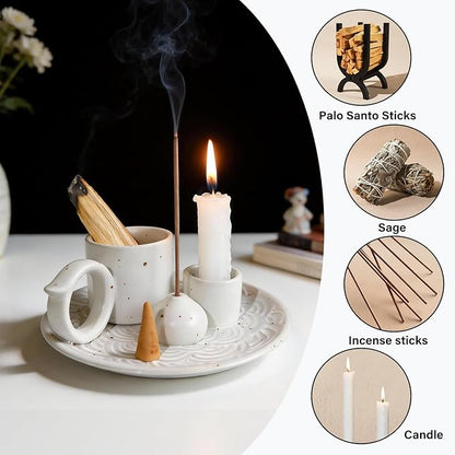 4-in-1 White Ceramic Palo Santo Burner & Holder - Versatile Candle and Smudge Tray for Incense Sticks, Cones, and Sage - Ideal Zen Meditation Altar Accessory for Enhanced Aromatic Experience