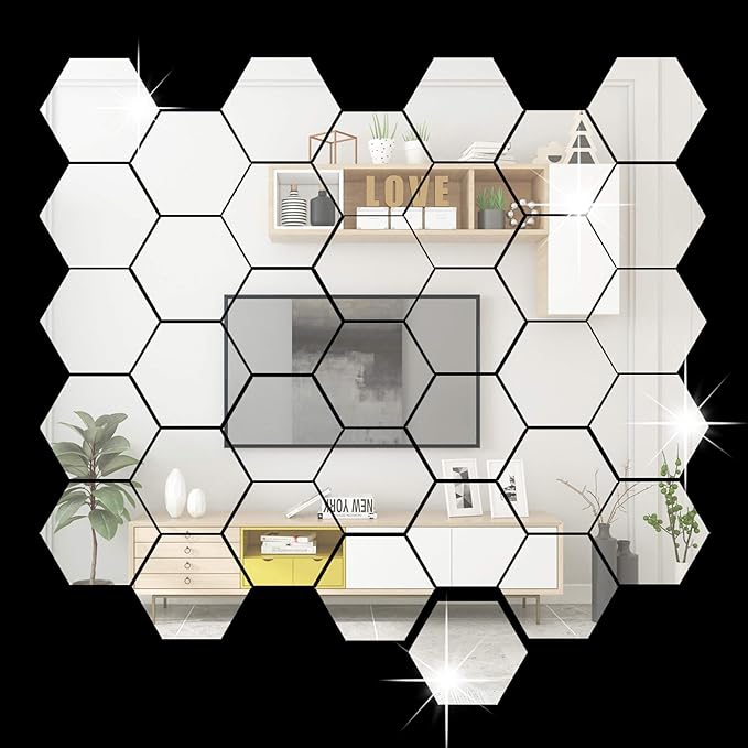 RW-103 36 PCS Acrylic Mirror Wall Stickers Hexagon Mirror Wall Decals DIY Removable 3D Geometric Hexagon Mirror Art Setting Wall Decor for Bedroom Living Room Office Kitchen Home Decoration (Silver)