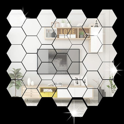RW-103 36 PCS Acrylic Mirror Wall Stickers Hexagon Mirror Wall Decals DIY Removable 3D Geometric Hexagon Mirror Art Setting Wall Decor for Bedroom Living Room Office Kitchen Home Decoration (Silver)