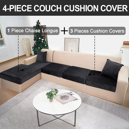 Sectional Couch Covers for 4-Piece Seat Cushion Velvet Separate L Shape Couch Cover Stretch Sofa Slipcover with 2 Pieces Pillowcases Furniture Protector (Sofa 3 Seater + 1 Chaise, Black)