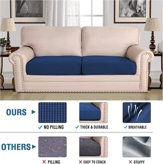 H.VERSAILTEX Super Stretch Individual Seat Cushion Covers - 2 Piece Large Sofa Cushion Covers, Navy, Thick Jacquard Textured Twill Fabric Sets