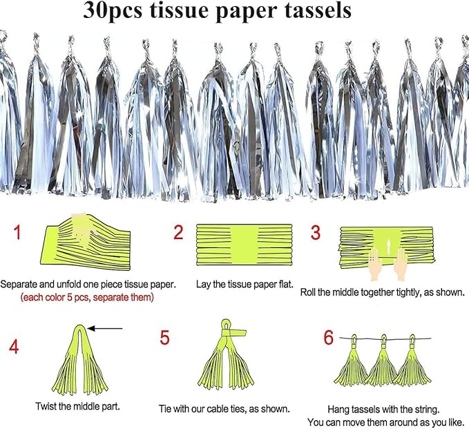30pcs Silver Tissue Tassels DIY Hanging Decorations - Baby Shower, Wedding, Festival - Paper Tassel Garland Decor