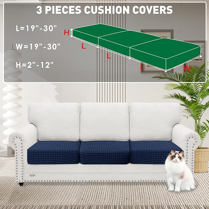 MAXIJIN Couch Cushion Covers for Sectional Sofa, Stretch Sofa Cushion Cover Washable Furniture Protector with Elastic Bottom & Non-Slip Strap for Pets Kids (3PC Seat Cover, Navy Blue)