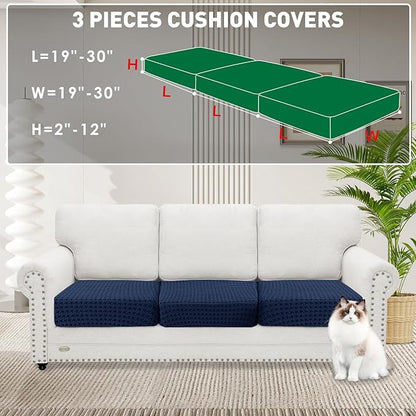 MAXIJIN Couch Cushion Covers for Sectional Sofa, Stretch Sofa Cushion Cover Washable Furniture Protector with Elastic Bottom & Non-Slip Strap for Pets Kids (3PC Seat Cover, Navy Blue)